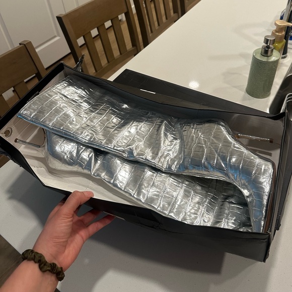 Silver Croc Embossed Heeled Boots - Picture 4 of 7